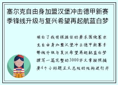 塞尔克自由身加盟汉堡冲击德甲新赛季锋线升级与复兴希望再起航蓝白梦