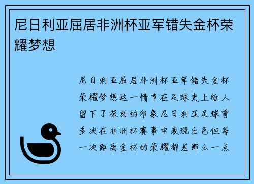尼日利亚屈居非洲杯亚军错失金杯荣耀梦想